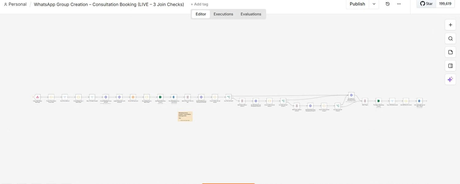 Workflow screenshot: Booking to WhatsApp client journey.